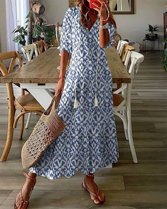 Robe longue col V en imprimé avec demi-manche