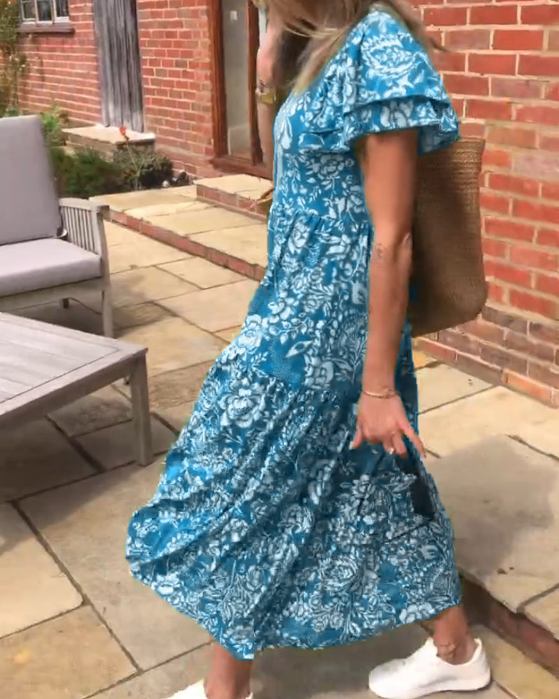 Robe longue à manches courtes imprimée de fleurs