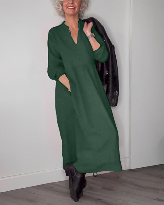 Robe élégante à col en V et manches longues