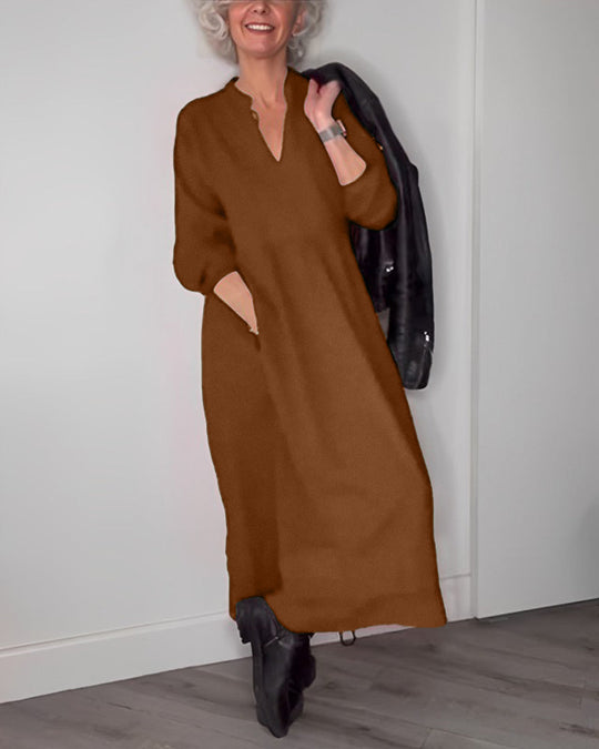 Robe élégante à col en V et manches longues