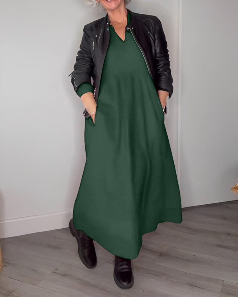 Robe élégante à col en V et manches longues