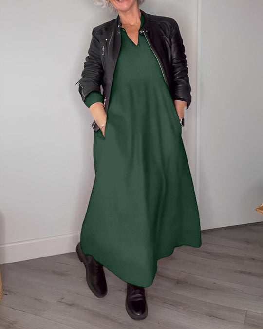 Robe élégante à col en V et manches longues