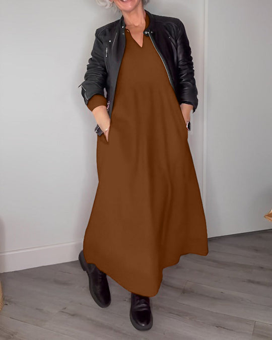Robe élégante à col en V et manches longues