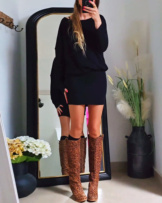Robe tendance à manches longues et col rond de couleur unie