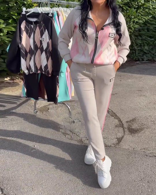 Ensemble Deux Pièces Haut À Zip Et Pantalon À Carreaux