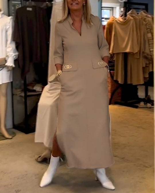 Robe fendue à manches 3/4 de couleur unie