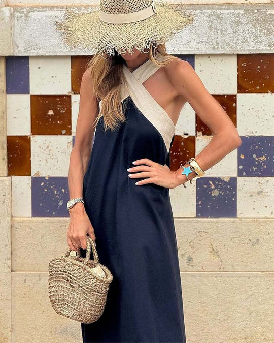 Robe Elegante Croix Dos Sans Dos Avec Couleur Contrastée