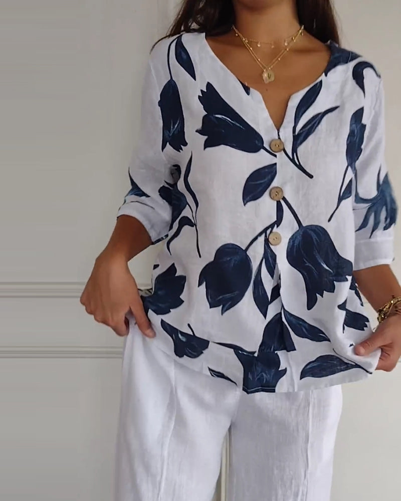Haut boutonné en coton et lin imprimé fleuri