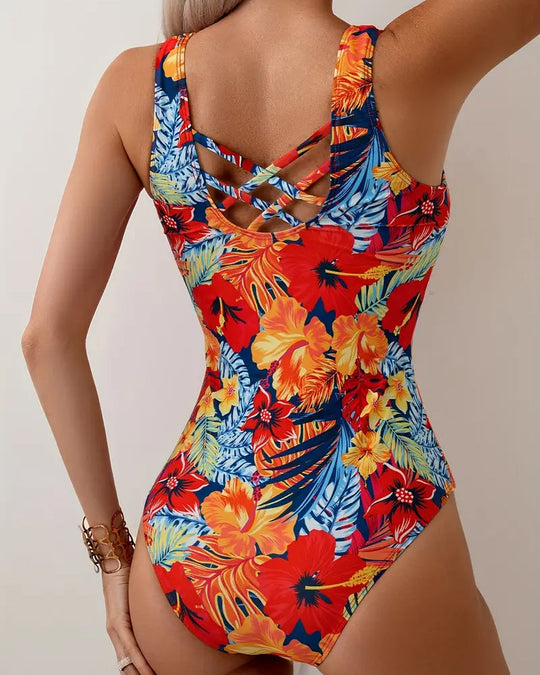 Maillot De Bain Une Pièce Col Rond Bretelles Larges Floral