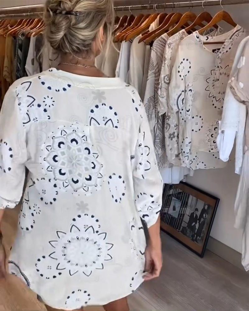 Blouse Polyvalente Col En V Imprimée Manches Mi-Longues