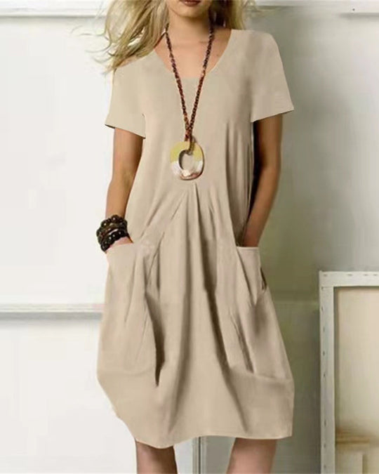 Robe unie col rond manches courtes