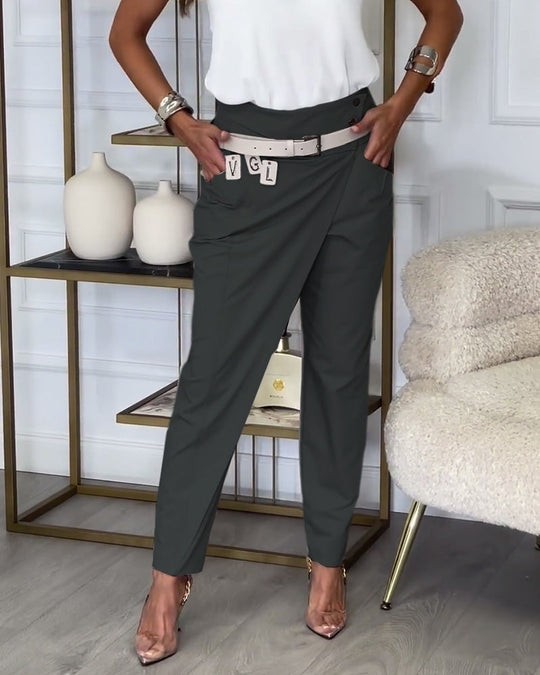 Pantalon patchwork irrégulier à poches de couleur unie à la mode