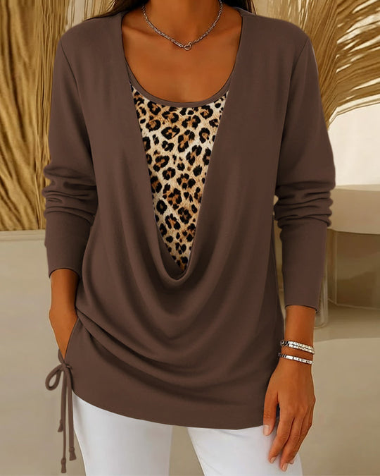 T-shirt faux deux pièces à lacets imprimé léopard