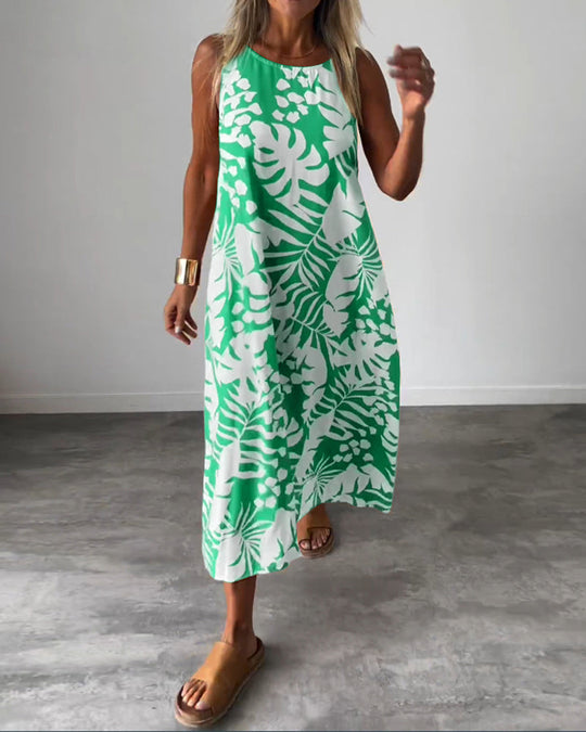 Robe décontractée sans manches à imprimé feuilles