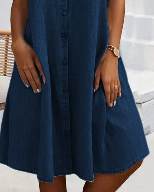 Robe Manches Courtes Col Solide Bouton