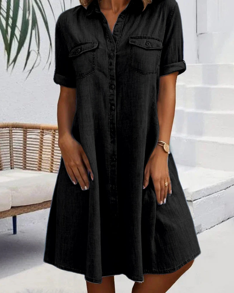 Robe Manches Courtes Col Solide Bouton