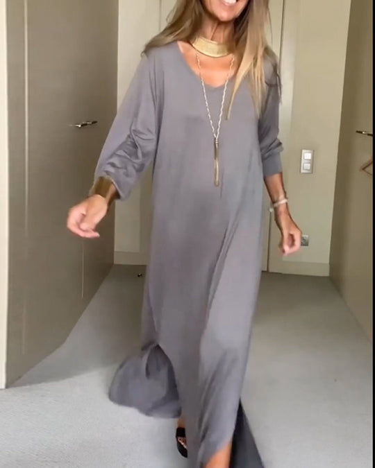 Robe décontractée à col en V de couleur unie