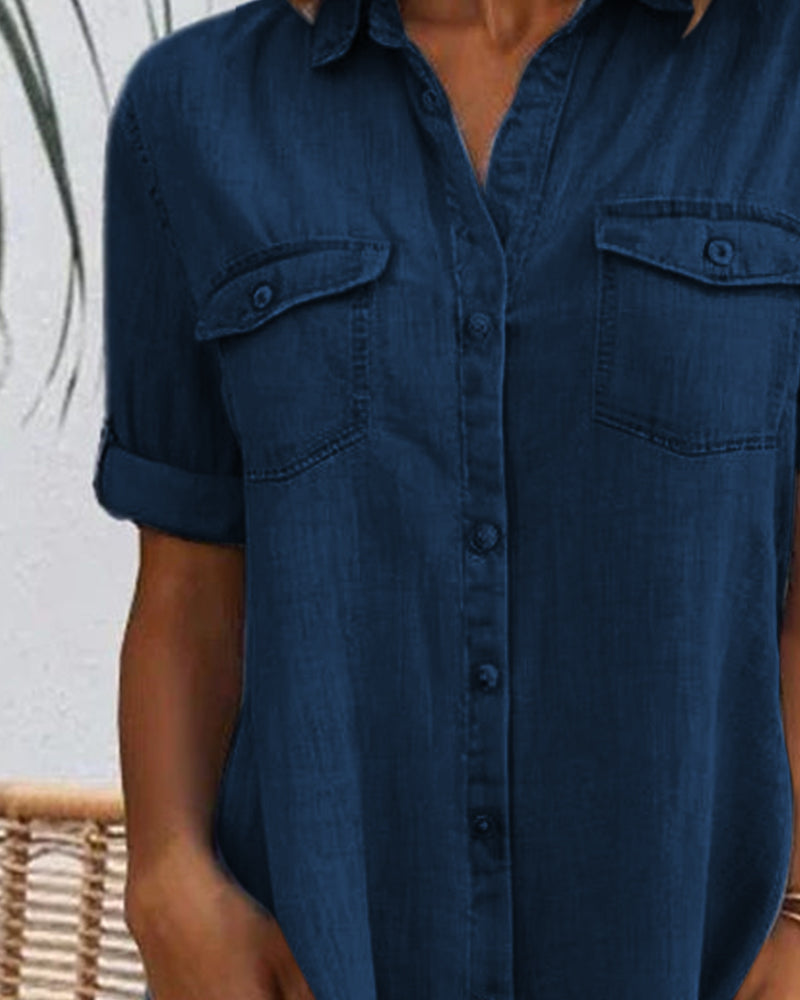 Robe Manches Courtes Col Solide Bouton