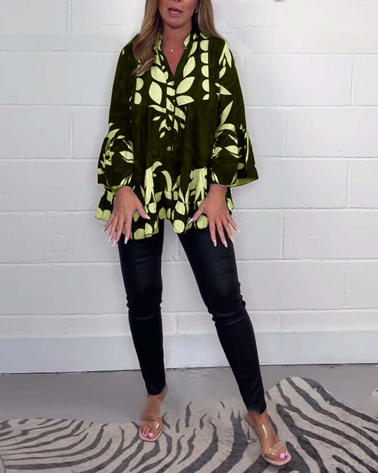 Blouse imprimée à manches cloche et boutons
