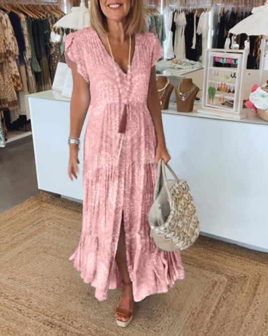 Robe à manches fendues et col en V imprimé vacances