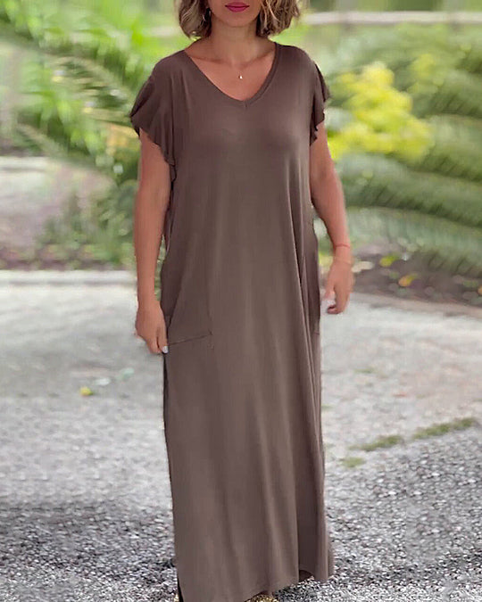 Robe longue de couleur unie avec poche et manche courte