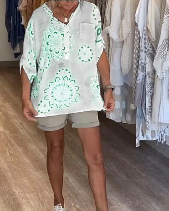 Blouse Polyvalente Col En V Imprimée Manches Mi-Longues