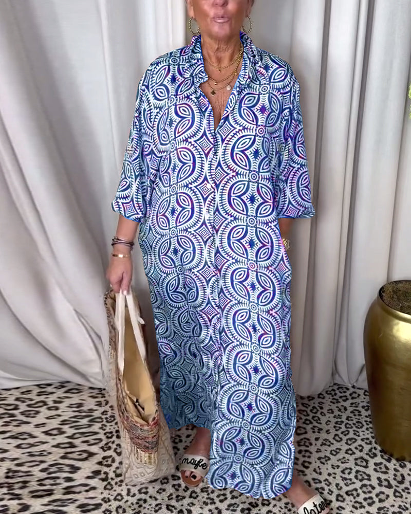 Robe longue imprimée vintage avec poche à revers
