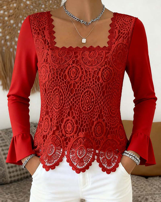 Blouse Crochetée À Encolure Large Et Détails Patchwork