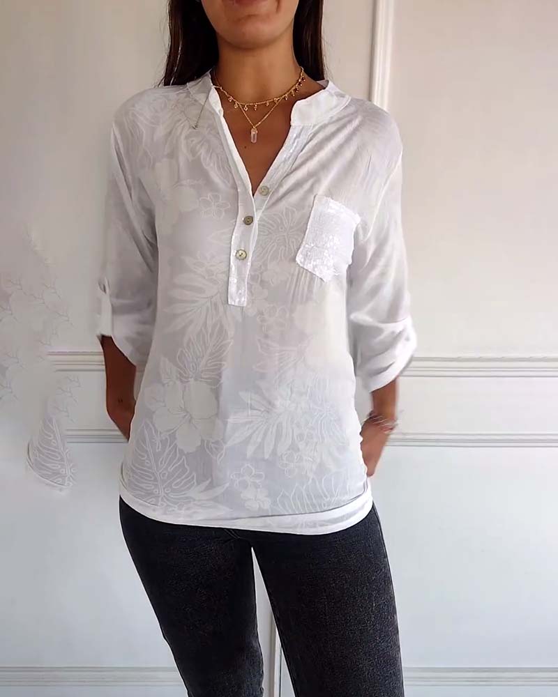 Haut imprimé feuilles à sequins patchwork
