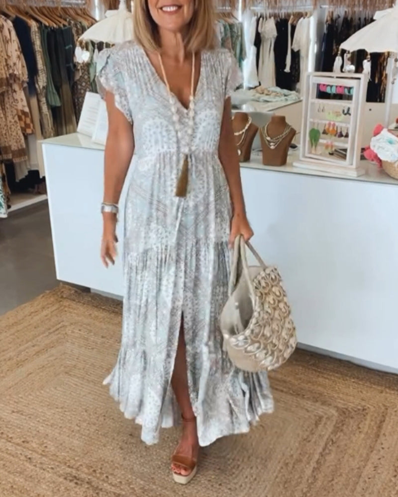 Robe à manches fendues et col en V imprimé vacances