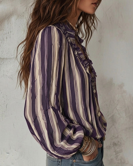 Blouse Profond Col V Rayures Verticales Loose