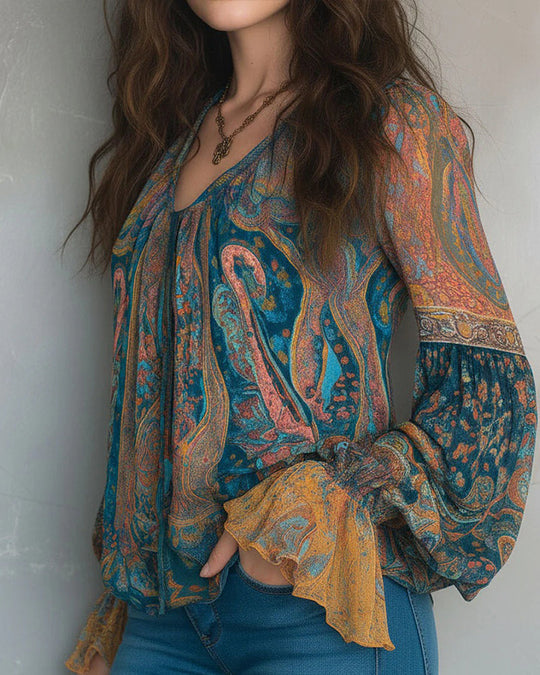 Blouse À Col V De Style Bohème À Manches Évasées