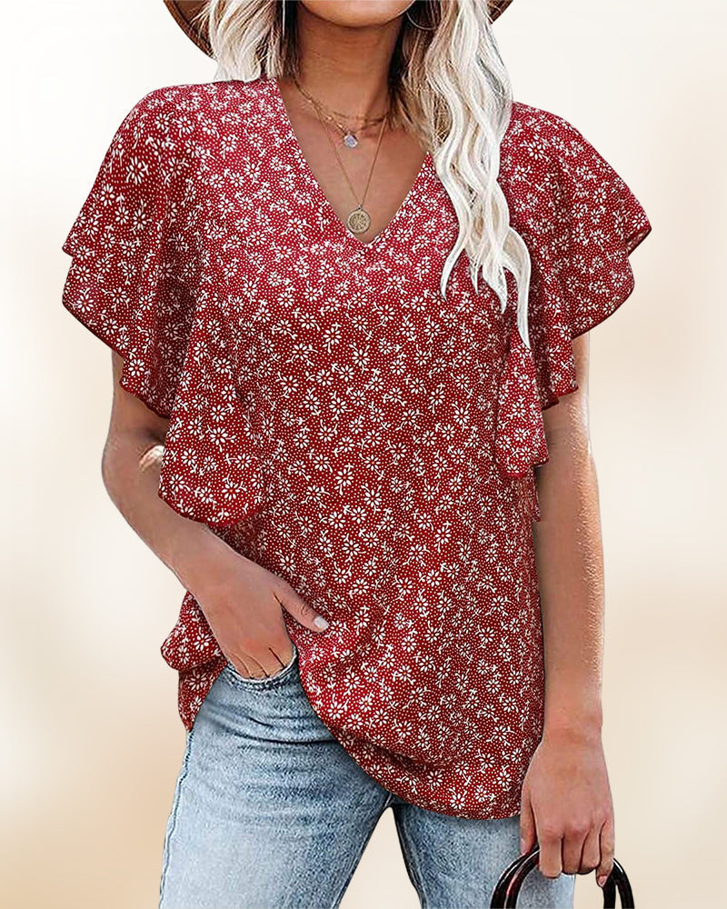 Chemise plissée à manches courtes et col V
