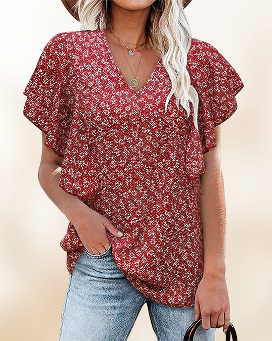Chemise plissée à manches courtes et col V