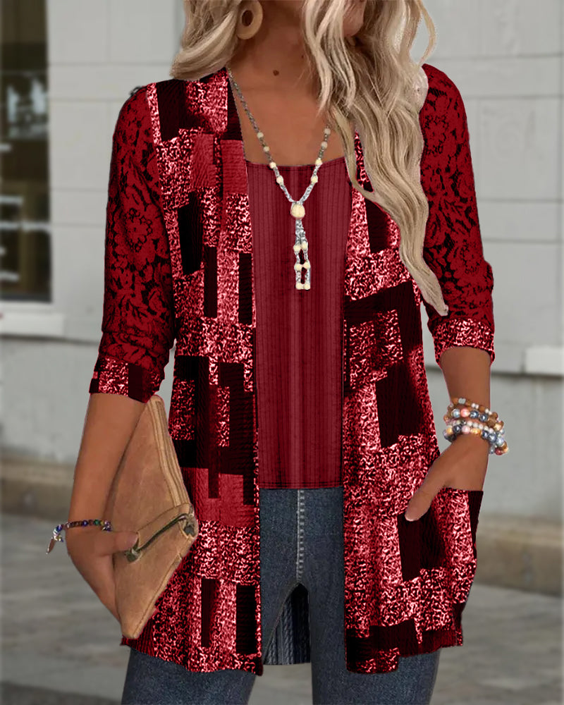 Bluse Manches Longues Imprimée Style Deux-Pièces Factice