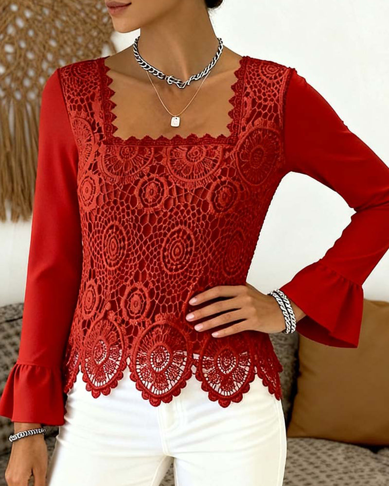 Blouse Crochetée À Encolure Large Et Détails Patchwork