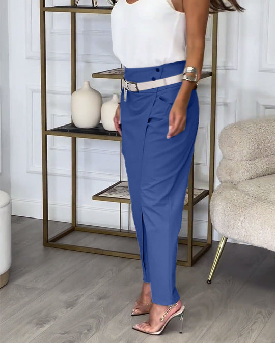 Pantalon patchwork irrégulier à poches de couleur unie à la mode