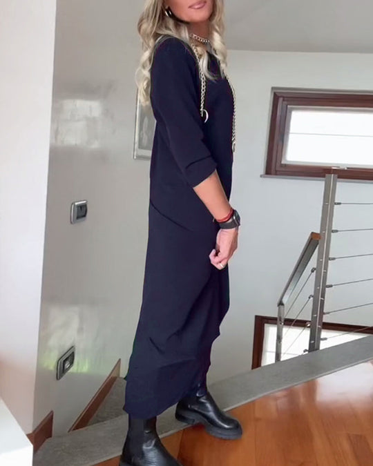 Robe élégante plissée à col rond de couleur unie