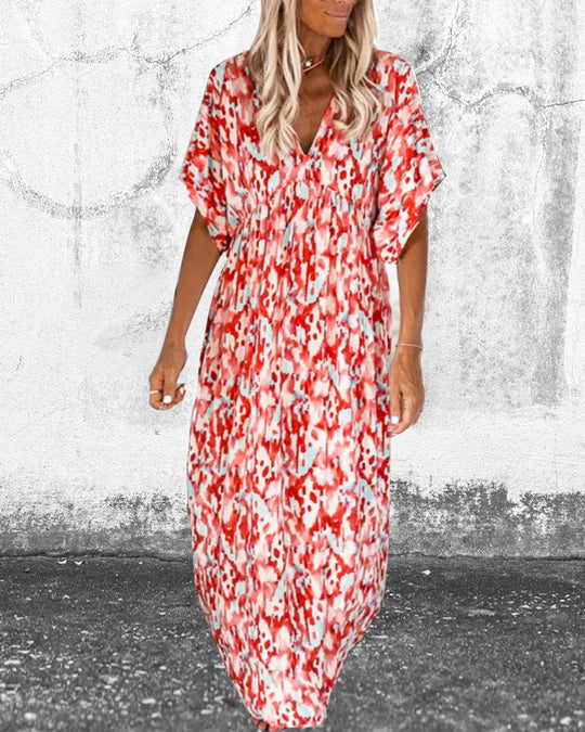 Robe tendance à col en V imprimée à manches courtes