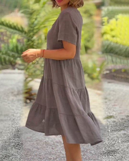 Robe en coton lin avec col en V de couleur unie