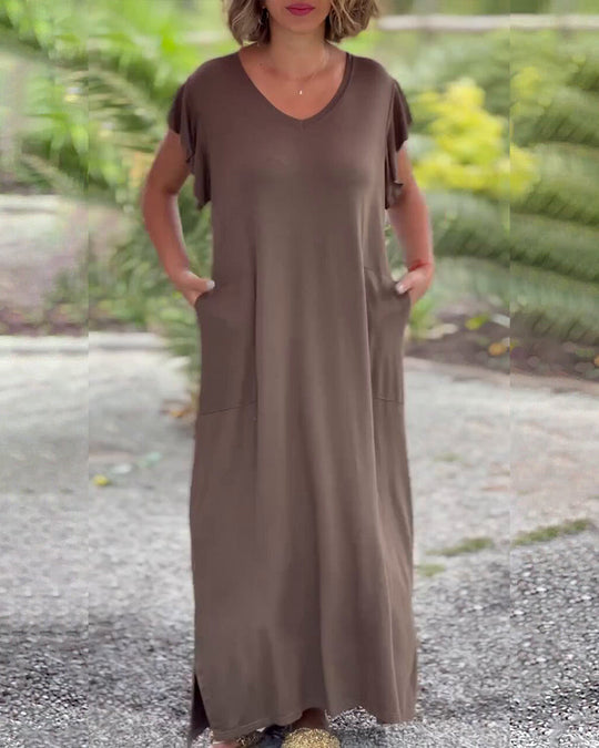 Robe longue de couleur unie avec poche et manche courte