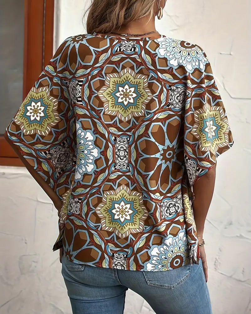 Blouse à demi-manches boutons avec col en V et imprimé rétro