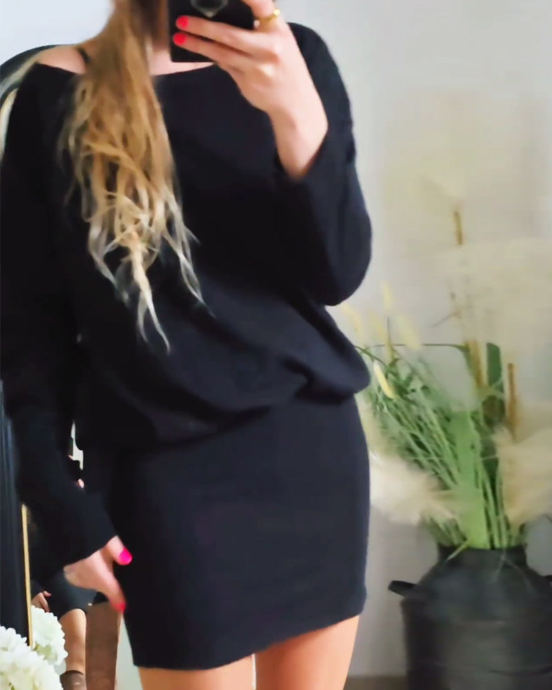 Robe tendance à manches longues et col rond de couleur unie