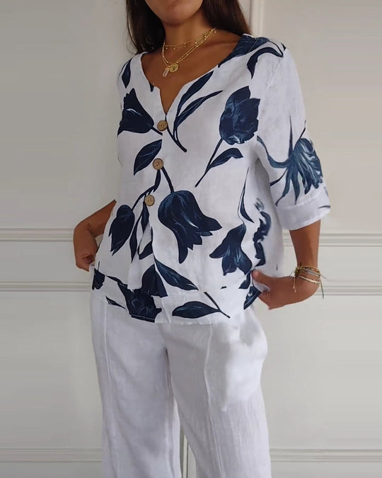 Haut boutonné en coton et lin imprimé fleuri