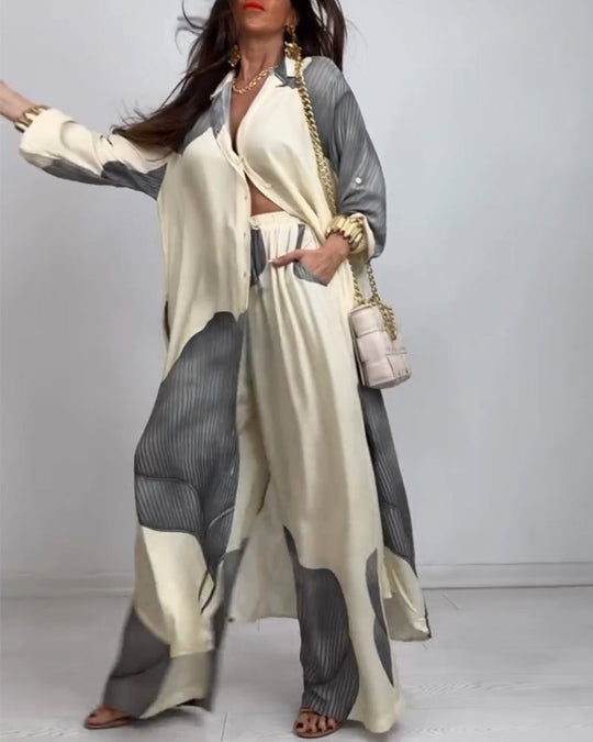 Costume Col Bouton Bloc de Couleur Pantalon Rayé Droit