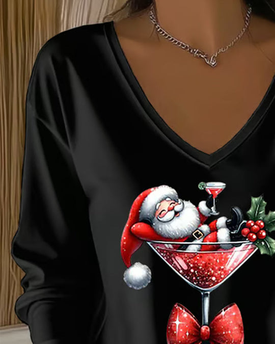 Haut Ample À Col En V Avec Imprimé De Verre De Vin De Noël