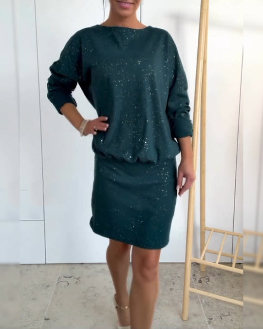 Robe Col Rond Paillettes Fines À La Mode