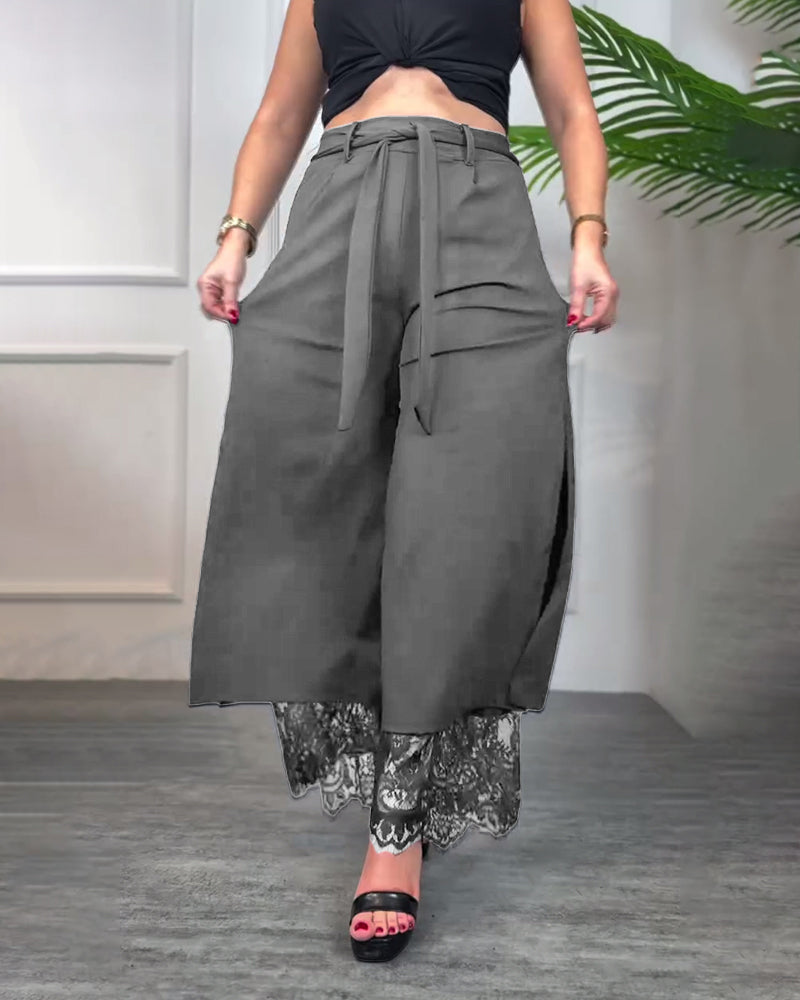Pantalon À Fente Avec Bordure En Dentelle