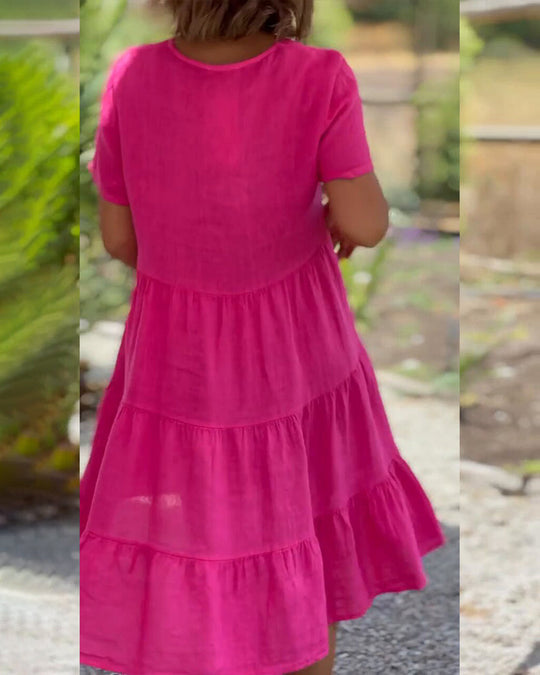 Robe en coton lin avec col en V de couleur unie