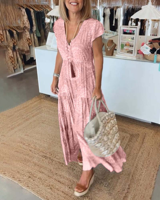 Robe à manches fendues et col en V imprimé vacances